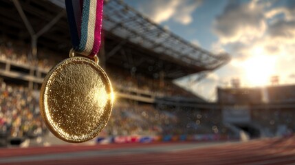 A close-up of a golden medal with colorful ribbon, set against a blurred background of an outdoor stadium, during daylight. It symbolizes achievement
