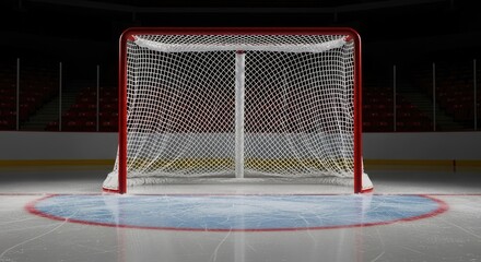 A hockey goal with a red net and white netting, set against a dark background with empty seats.