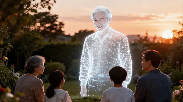 Una familia reunida observando un holograma de tamaño real de un ser querido fallecido 