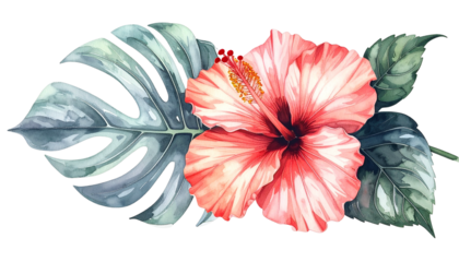 Watercolor illustration of tropical flowers and foliage on a black background