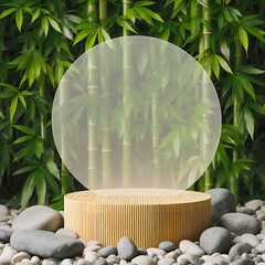 Minimalist Bamboo Cylinder Pedestal with Circular Glass Frame in a Deep Green Forest Setting