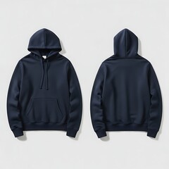 Navy Blue Hoodie Front and Back View Isolated.