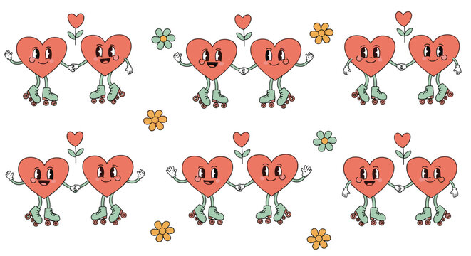 A cute repeating pattern of retro cartoon heart characters holding hands while roller skating among simple flowers.