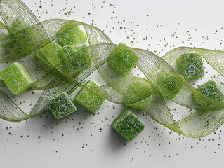 Emerald Delight: Delicate square green candies arranged artistically, interwoven with a delicate ribbon and scattered with tiny granules, creating a visually appealing and appetizing scene.