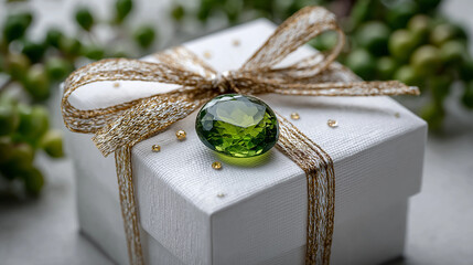 Gift Box's Allure: A beautifully wrapped gift box sits, adorned with a delicate ribbon and an eye-catching jewel on top. This image evokes feelings of anticipation and the spirit of giving.