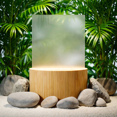 Modern Wood Podium with Frosted Acrylic Panel and Palm Leaves on a Sandy Spa Background