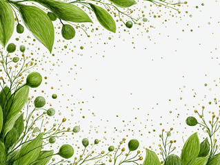 Nature's Embrace: A delicate botanical artwork showcases lush green leaves and gentle sprigs, their intricate details forming a welcoming border around a space that invites thoughts. 