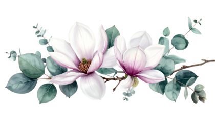 Delicate floral arrangement featuring white magnolias and dusty green foliage on black