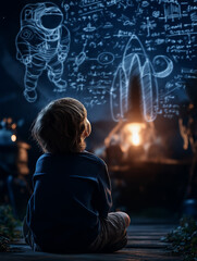 A Child's Cosmic Dream: A young child gazes upward, dreaming of the cosmos, with illustrations of a rocket and astronaut etched in the night sky, embodying the wonder of imagination.