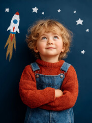 Young Explorer's Celestial Vision: A curious young child gazes upward at a whimsical drawing of a rocket ship and stars. The scene evokes a sense of boundless imagination and dreams.