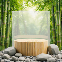 Clean Bamboo Cylinder Podium with Clear Glass Backdrop in a Bright Zen Forest with River Rocks