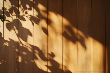 Sunlight dappled wooden wall with leaf shadows panel