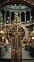 Golden Cross in Cathedral: The radiant, golden cross, a testament to faith, stands resplendent amidst the ornate interior of a grand cathedral. Its presence evokes spirituality and reverence.