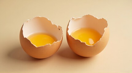 Two freshly cracked brown chicken eggshells revealing bright yellow yolks ready for cooking or baking preparation on a neutral surface.