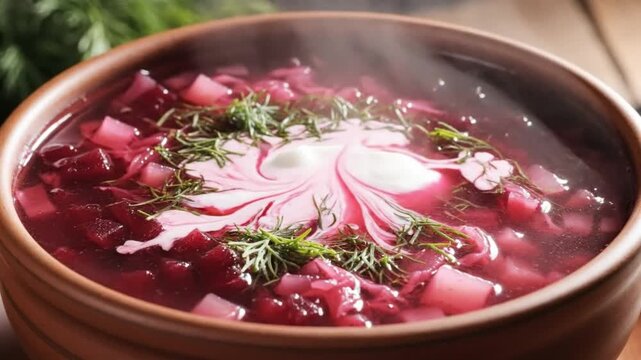 Thick Sour Cream Swirling into Steaming Red Borscht Soup - Traditional Ukrainian and Russian Cuisine Recipe