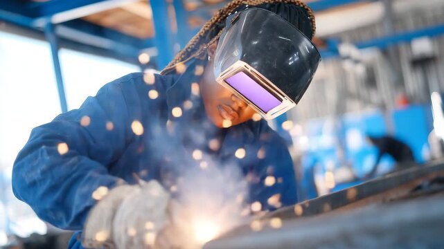 130A Black woman manufacturing trainee welding metal components in a fabrication shop, sparks illuminating her face shield, steel beams and heavy tools around her, simple blank wall a