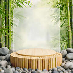 Tiered Bamboo Slat Platform with Square Glass Frame in a Serene Bamboo Grove Background