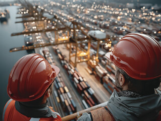 Harbor Sentinel's Perspective: Two figures in protective gear stand overlooking a vast shipping harbor filled with containers. The scene is illuminated by the lights of the infrastructure.