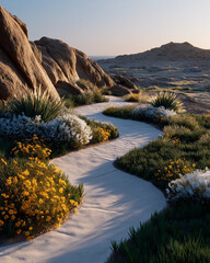 Path to Tranquility: A winding path leads through a serene landscape with rugged mountains, lush green and vibrant wildflowers, evoking a sense of calm and exploration.