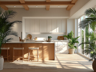 Modern Kitchen Oasis: A bright and airy modern kitchen, the room is bathed in sunlight, with sleek wooden cabinetry and lush indoor plants, creating a welcoming and stylish living space.