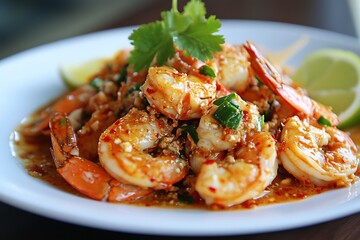 Spicy garlic shrimp, a sizzling plate of succulent seafood, glistening with a vibrant red sauce, garnished with fresh cilantro and lime wedges.