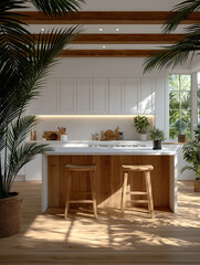 Interior Tranquility: A sun-drenched modern kitchen, boasting an island with seating, seamlessly merges with the natural world, enhanced by indoor plants. 