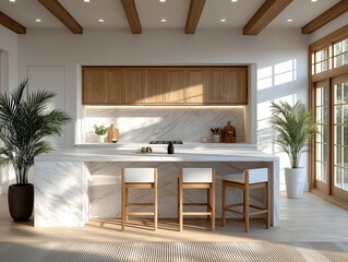 Luxury Kitchen Interior: A bright, modern kitchen interior, with minimalist design, clean lines, and luxurious materials like marble, wood, creating a tranquil and elegant ambiance.
