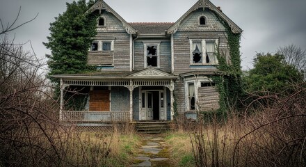 An old, abandoned house with ivy growing on its walls and windows, surrounded by overgrown vegetation and trees.