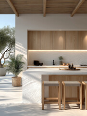 Modern Kitchen and Lounge: A serene outdoor kitchen and lounge area, combining sleek contemporary design with the warmth of natural materials to create a harmonious and inviting space. 