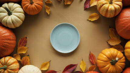 Overhead view of assorted pumpkins and autumn leaves arranged around a light blue plate