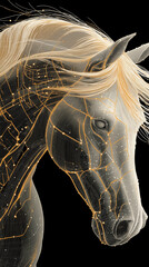Ethereal Horse: The striking portrait of a horse with a delicate, ethereal aesthetic, illuminated against a dark background, this image is perfect for adding a touch of elegance.