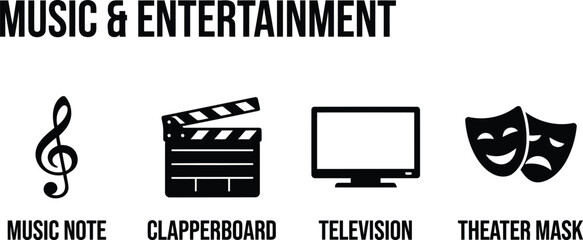Comprehensive Music, Film, TV & Theater Entertainment Icons - Vector Set for Media, Arts & Production