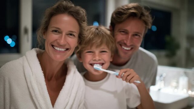 148A family brushing teeth at night in a warmly lit bathroom, glowing lights highlighting toothpaste and toothbrushes, conveying the importance of daily dental hygiene across generati