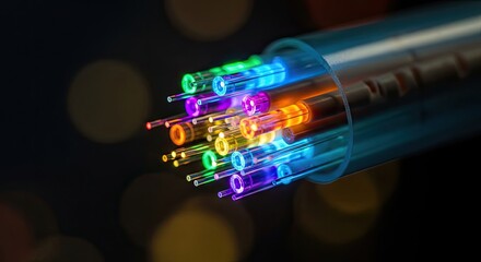 A close-up of a fiber optic cable with colorful lights inside, against a dark background.