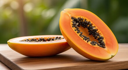 Two halves of a papaya fruit on a wooden cutting board with a blurred green background.