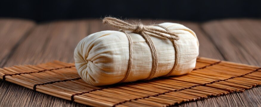 Traditional warm poultice wrapped in natural cloth soothing comfort resting on bamboo mat.