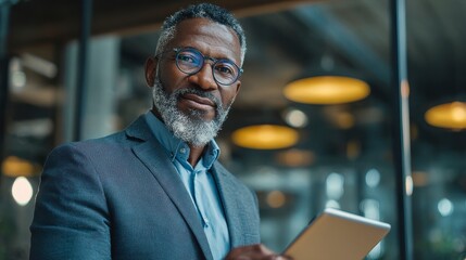 A close-up shot of a distinguished African American man wearing glasses and a suit, holding a tablet and smiling