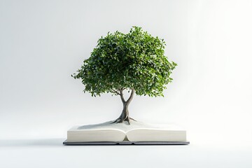 A lush green tree blossoming from an open book, symbolizing growth, knowledge, and the power of nature, against a clean white backdrop.