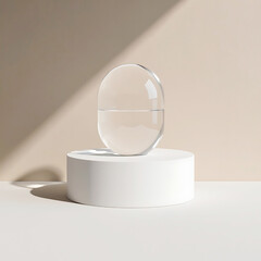Futuristic capsule-shaped glass container with liquid on a white pedestal with artistic shadows