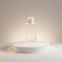 Minimalist clear perfume bottle on a white circular podium against a soft beige studio background