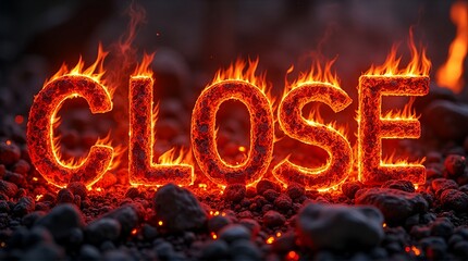 The word close rendered in molten, fiery, glowing orange and red letters engulfed by intense licking flames atop dark volcanic rock