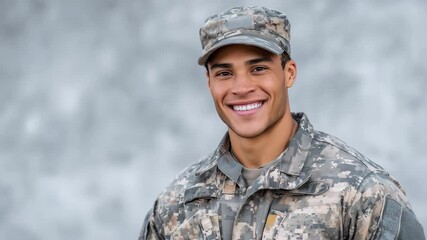 165Military man in camouflage uniform, smiling with pride, light gray background, rank insignia visible, approachable yet disciplined expression