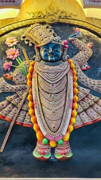 Shreenath Ji, the revered child form of Lord Krishna, adorned with elaborate jewelry, floral garlands, and rich traditional attire.