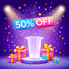 Vibrant 50% Off sale background with colorful gift boxes, confetti, and a glowing purple pedestal
