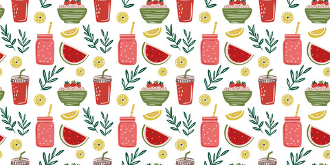 Pattern summer fruits and drinks, strawberries, citrus, watermelon, hand drawn flat style