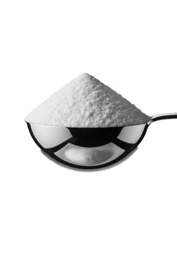 extreme macro close-up of a sleek stainless steel tablespoon heaped with ultra-fine white collagen powder against a pristine, shadowless studio background. concept of precise measurement and purity