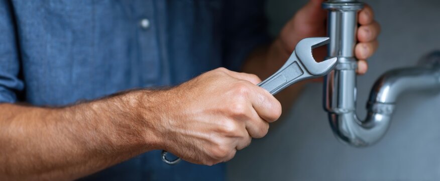 plumber's hands gripping a tool on home pipes in a tight shot