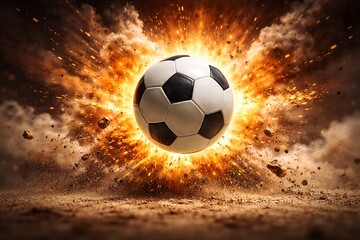 Naklejka premium Dramatic image of a soccer ball exploding with intense fire and debris, symbolizing power and impact.
