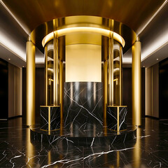 Grand luxury interior with black marble floor and circular gold architecture, premium hotel lobby or high-end store display