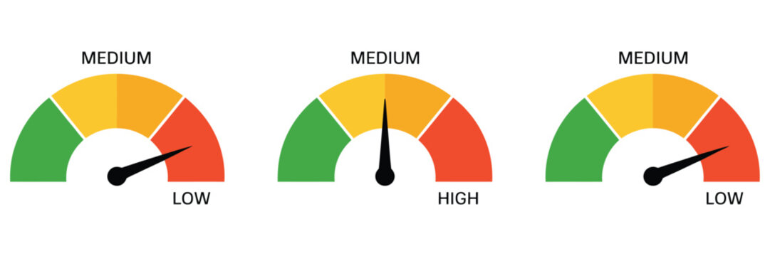Speedometer scale vector illustration featuring a gradient from green to red with arrow indicators and text labels low, medium, and high, ideal for performance metrics, risk analysis, 